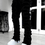 Men’s Patched Stacked Pants – Slim Fit Trousers with Long Layered Design Veroocart