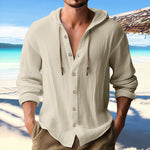 Men’s Cotton Linen Hooded Sweater – Long Sleeve Button-Up Casual Top Veroocart